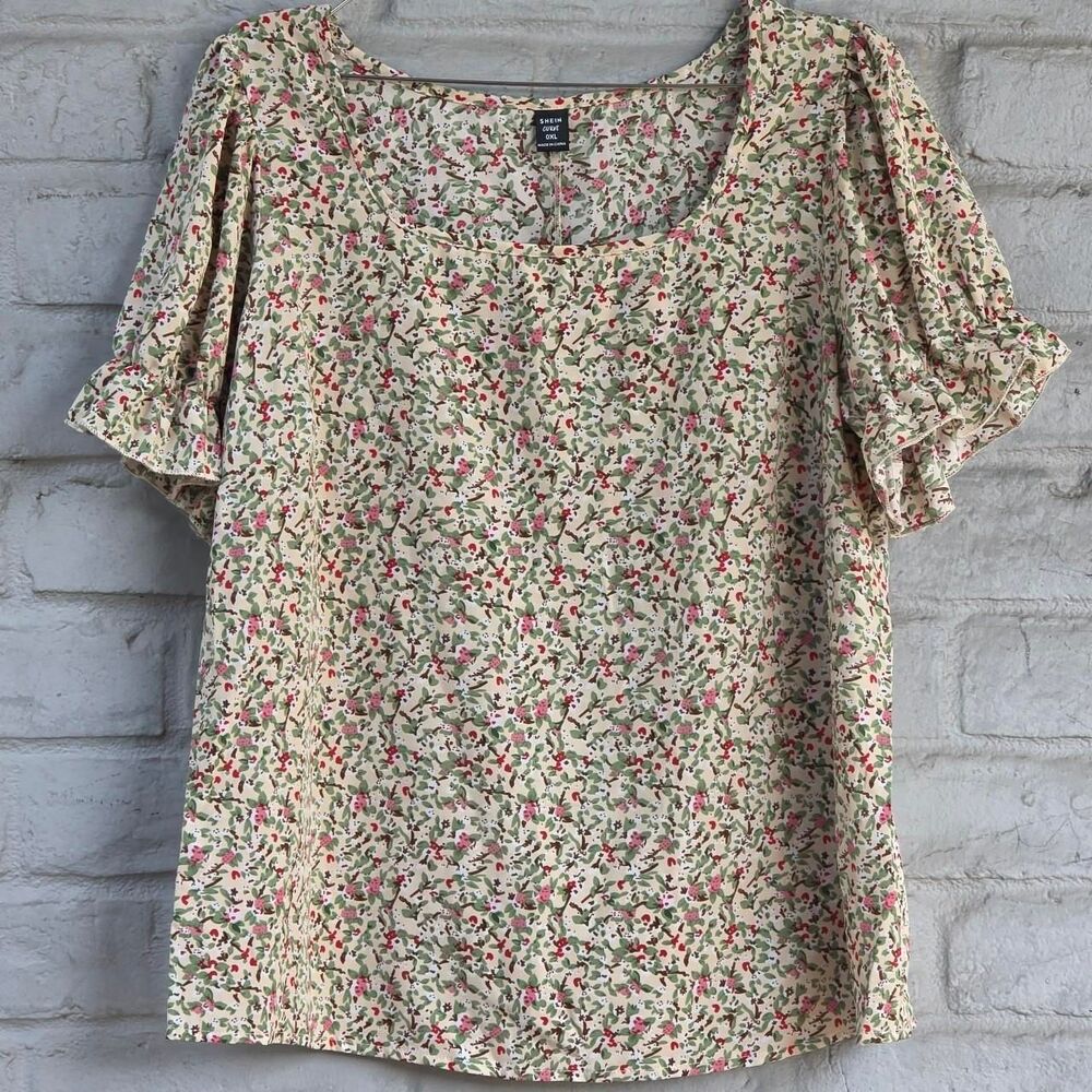 SHEIN Cream Floral Scoop-Neck Short Sleeve Top with Pink & Green Accents OL